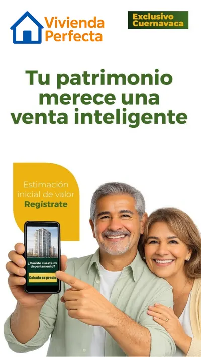 Anuncio de ejemplo de Vivienda Perfecta: «Tu patrimonio merece una venta inteligente», con una pareja y un teléfono
